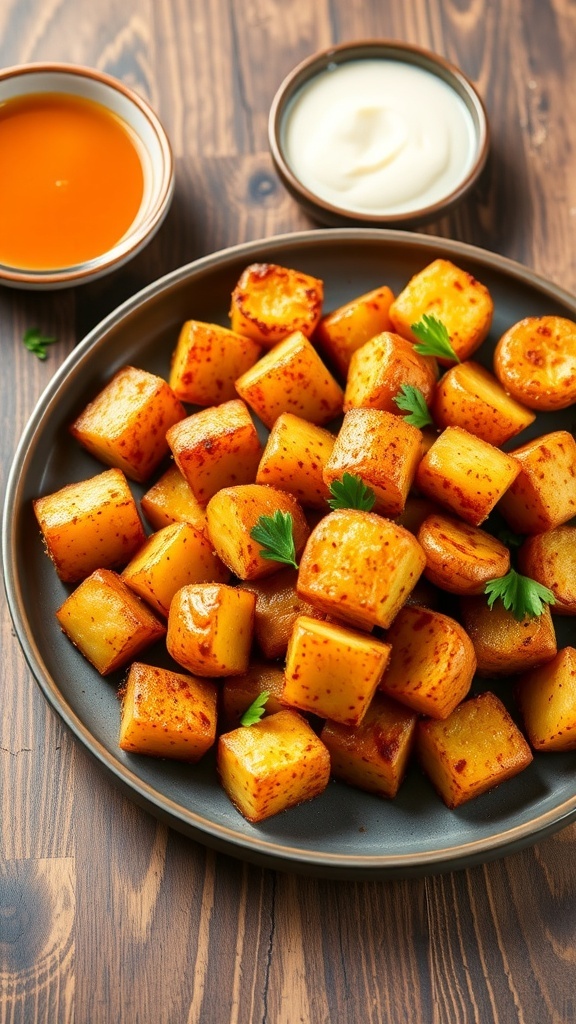Crispy Air Fryer Paprika Potatoes Recipe Crispy air fryer paprika potatoes on a plate, garnished with parsley, served with dipping sauce.